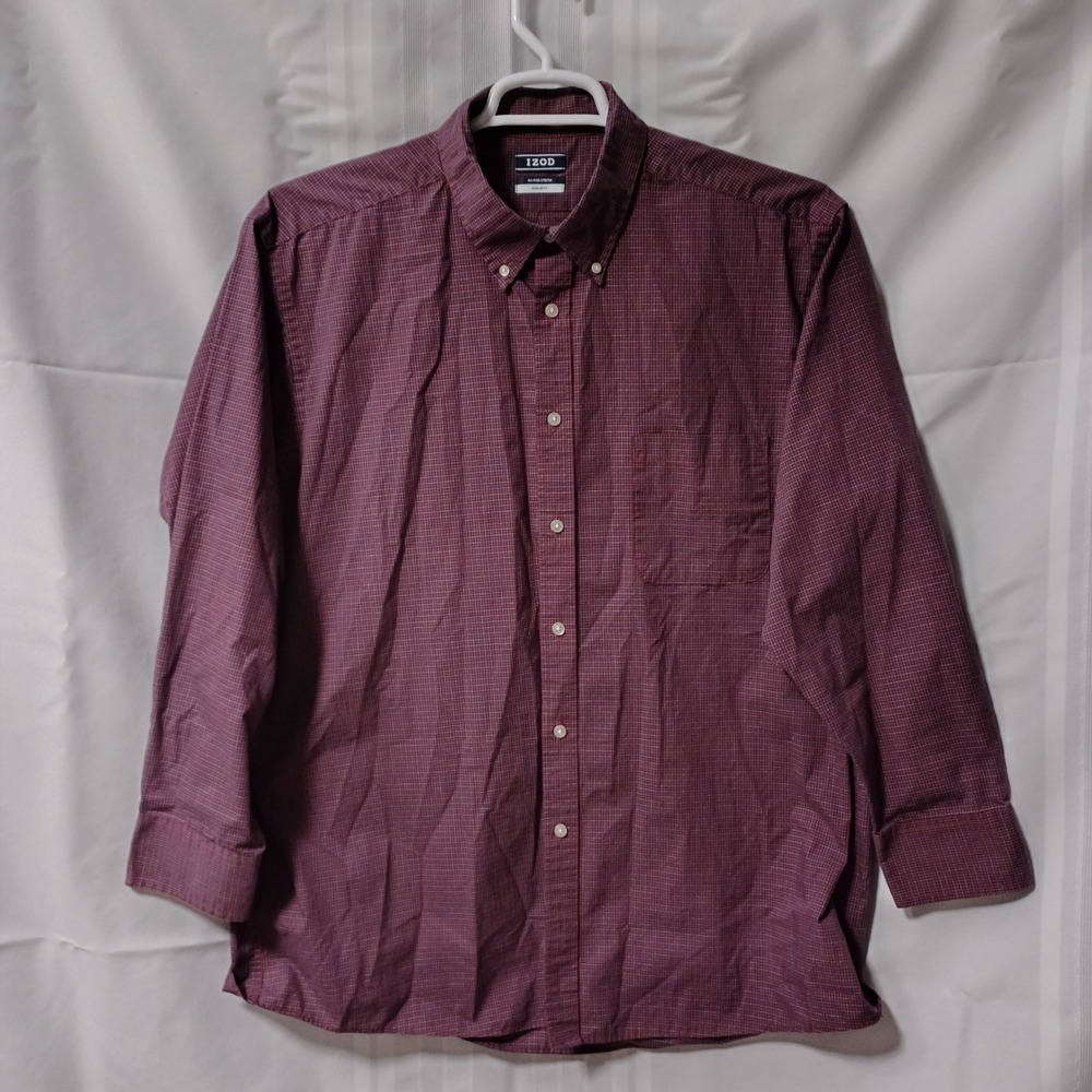 IZOD Button Down Shirt Mens XL Burgundy Micro Check All-Over Stretch Regular Fit